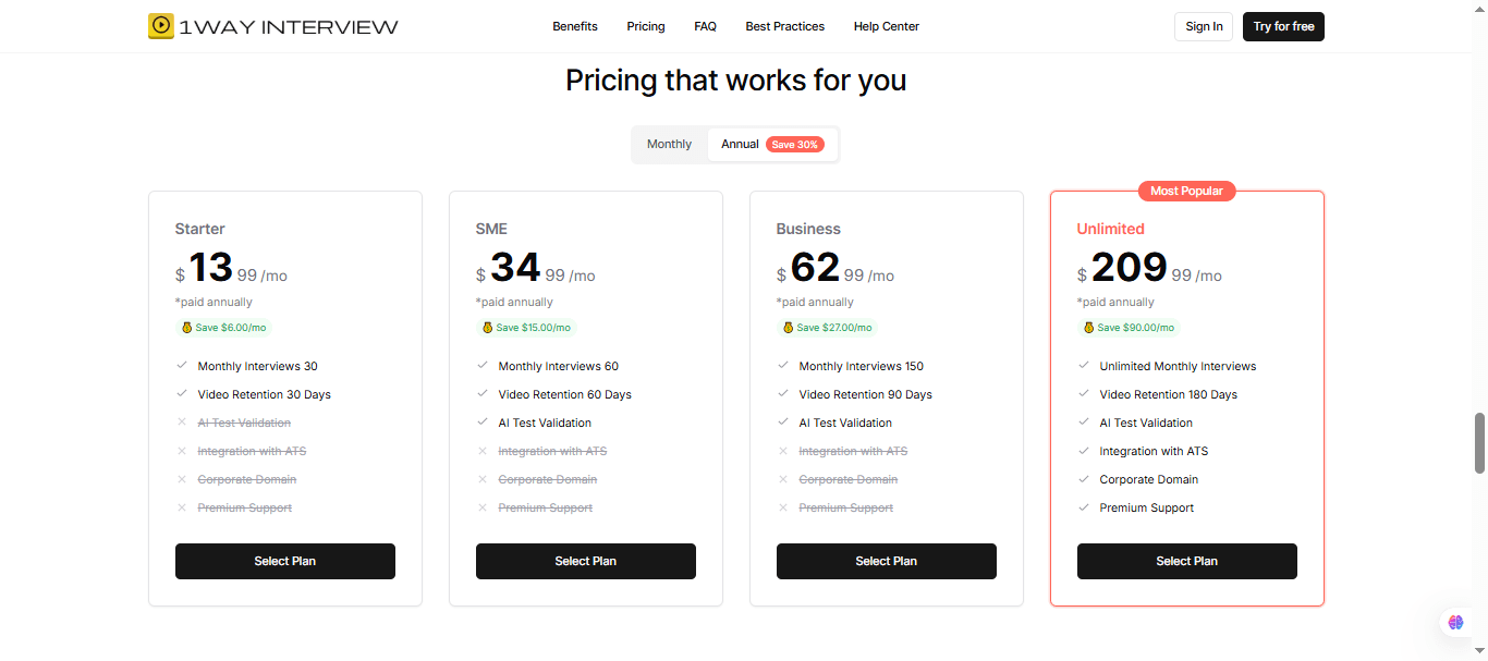 OnewayInterview pricing